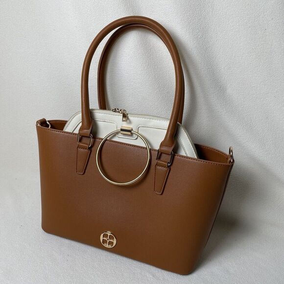 Iman Logo Global Chic Shoulder Tote SET Saddle White Color Clean Classic Style - Picture 1 of 11